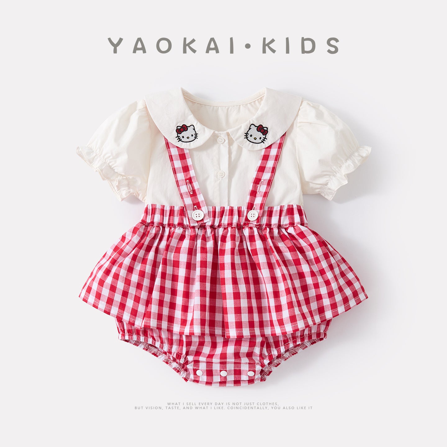 Baby Doll Collar Cartoon Embroidered Cat Short Sleeve Infant Plaid Overall Romper Two-Piece Set