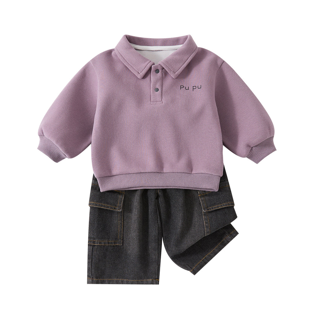 Turn-Down Collar Polo Knit Sweatshirt and Stylish Cargo Jeans Two-Piece Set for Boys