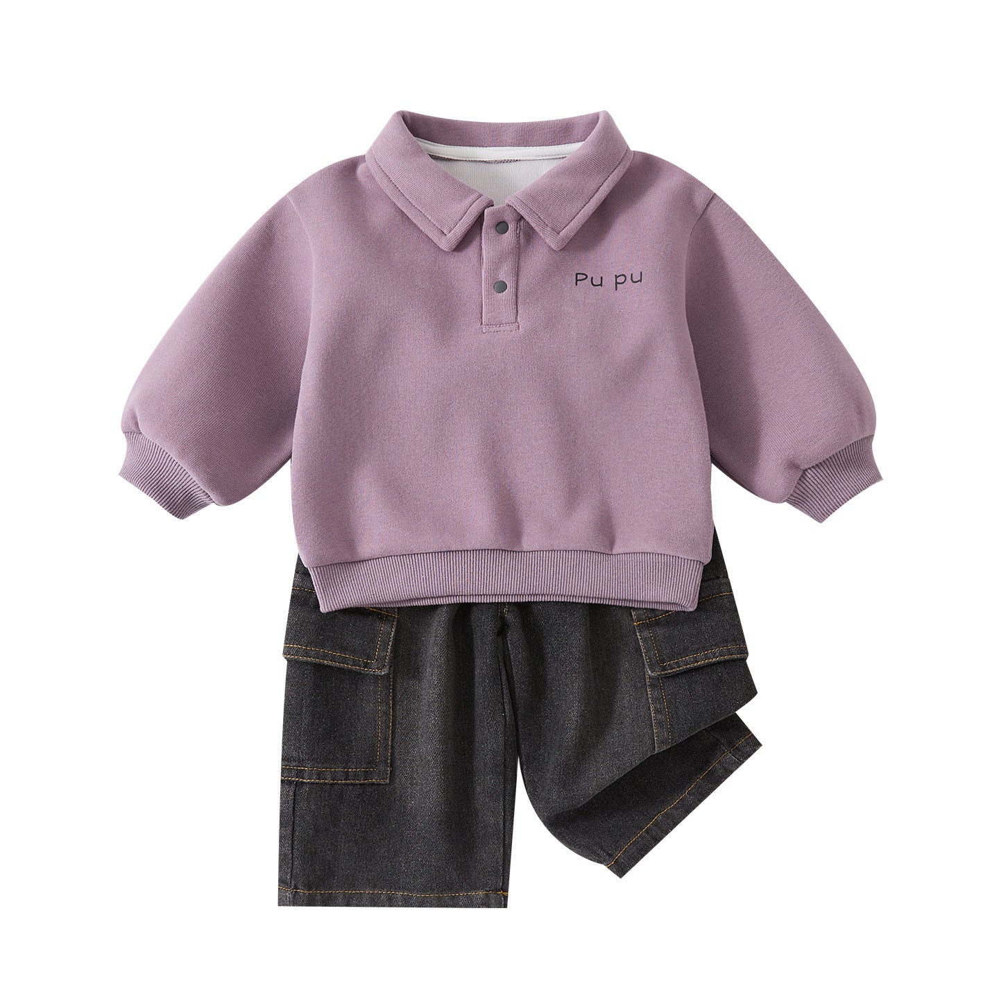 Turn-Down Collar Polo Knit Sweatshirt and Stylish Cargo Jeans Two-Piece Set for Boys