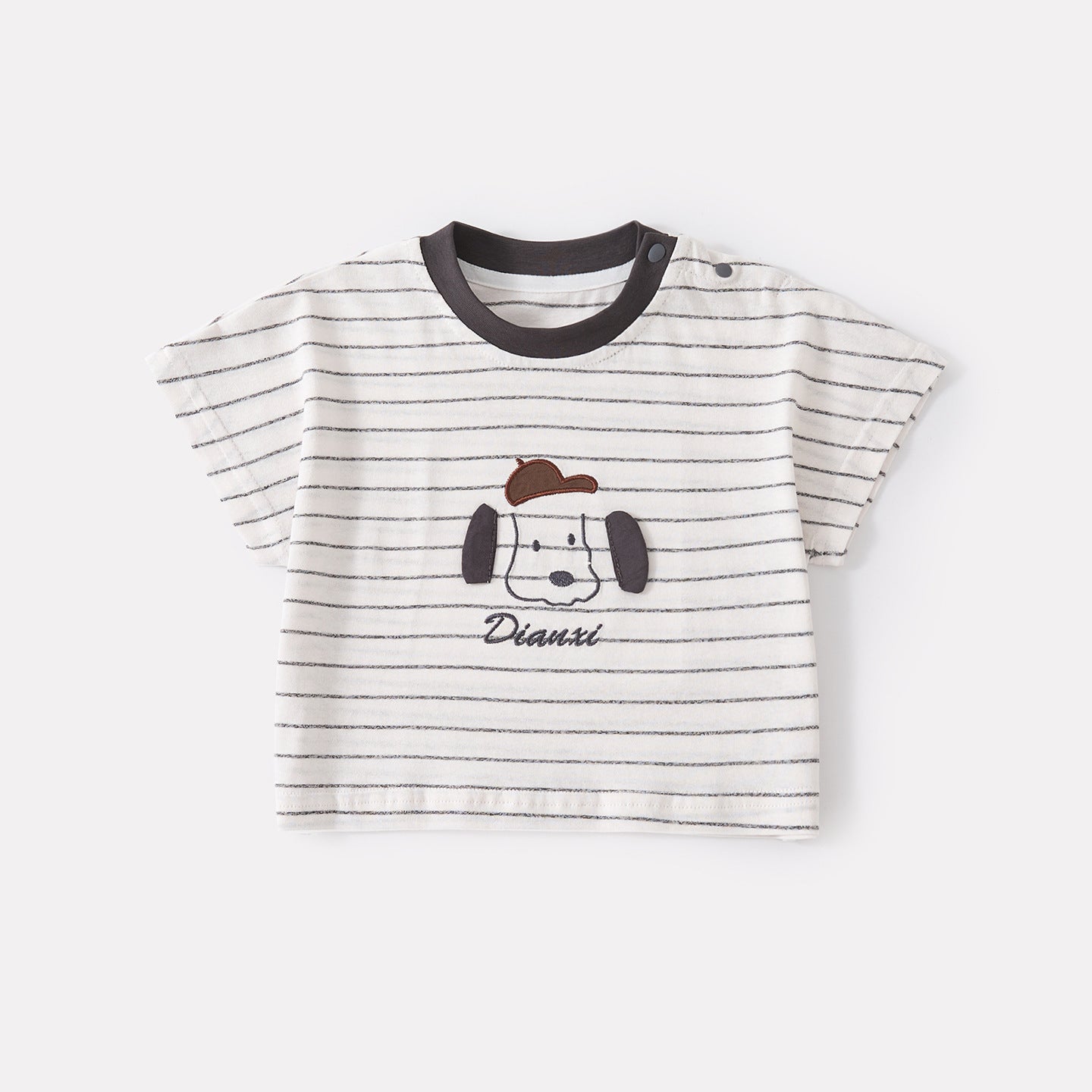 Cartoon Embroidered Stripe Short Sleeve Outfit with Breathable Mosquito-Resistant Pants, Stylish Two-Piece Set