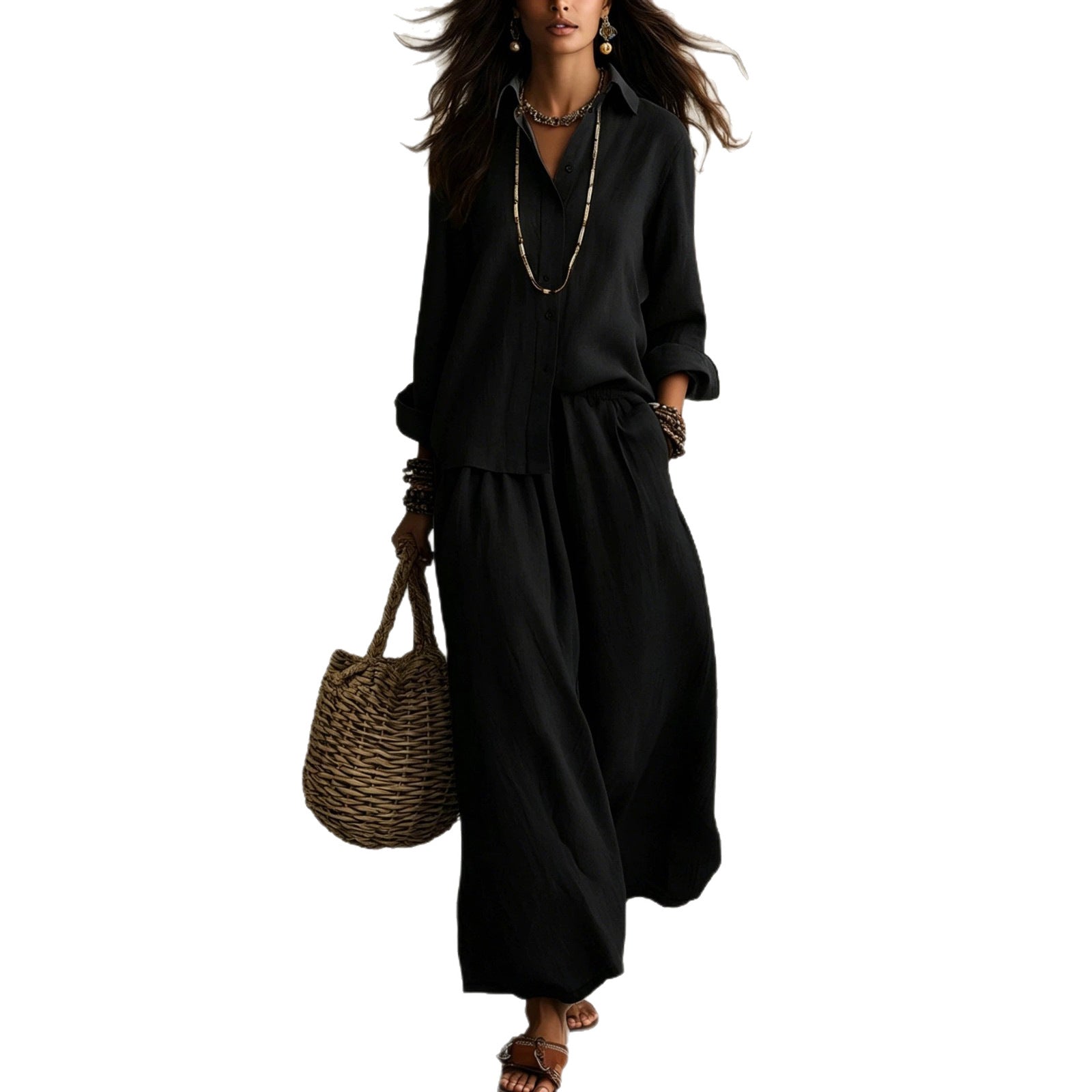 Summer High-End Shirt Collar Outfit Loose Cotton Linen Women's Set