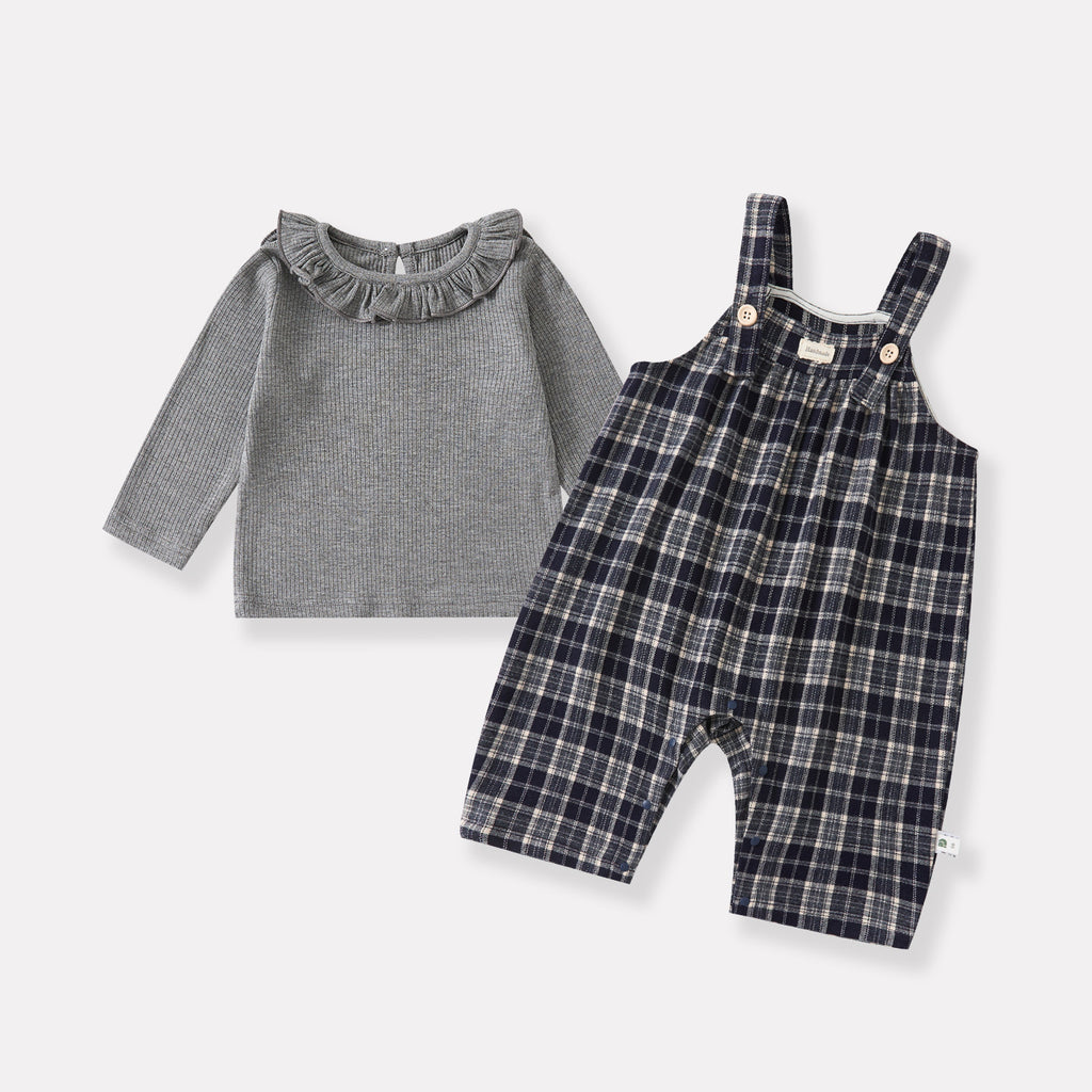 Simple Leaf Collar Knit Bodysuit for Baby Girls Plaid Overalls Two-Piece Set