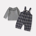Simple Leaf Collar Knit Bodysuit for Baby Girls Plaid Overalls Two-Piece Set