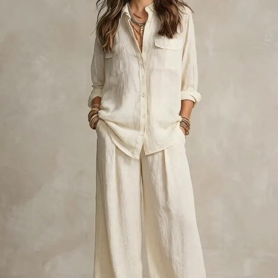 Chic Linen Set for Women, Breathable Lightweight Long Sleeve Shirt with Drapey Wide-Leg Pants, Vacation Style Casual Outfit