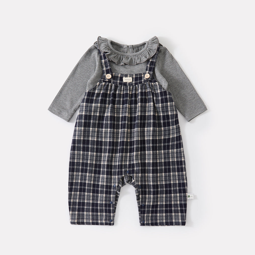 Simple Leaf Collar Knit Bodysuit for Baby Girls Plaid Overalls Two-Piece Set
