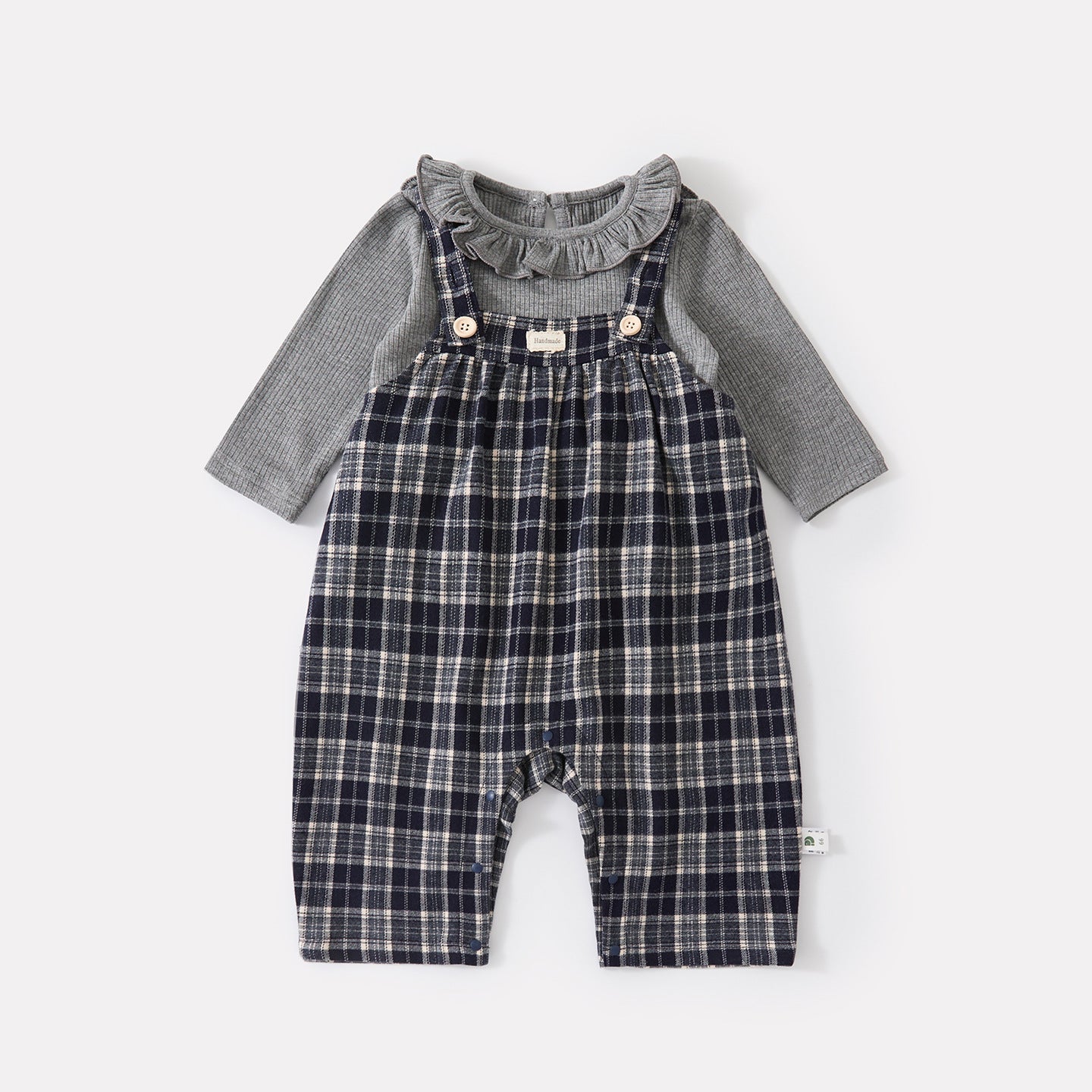 Simple Leaf Collar Knit Bodysuit for Baby Girls Plaid Overalls Two-Piece Set