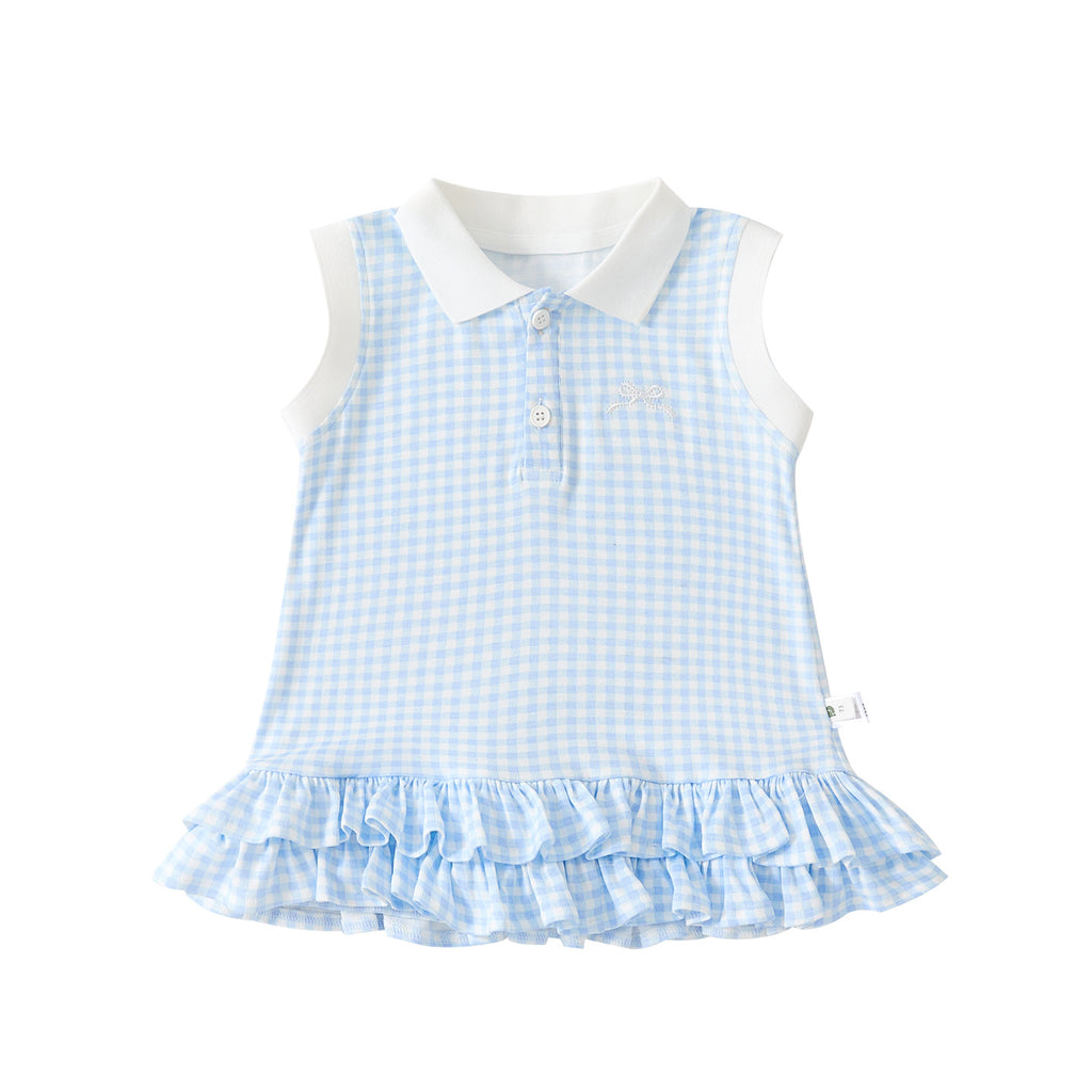 Color-Blocked Polo Neck Plaid Sleeveless Dress, Baby Sweet and Cool Knit Dress